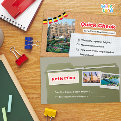 A children's educational Belgium-themed learning folder set on a wooden desk, surrounded by school supplies like a spiral notebook, binder clips, chalk, and a green board. The set includes a cork 'Quick Check' section with Belgian landmarks and flags, and a green 'Reflection' section with writing lines.