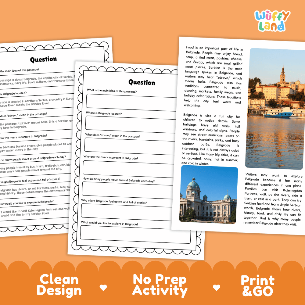Student reading passage titled A City Where Rivers Meet detailing Belgrade Serbia Kalemegdan Fortress Sava and Danube rivers and city photography