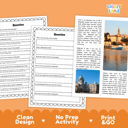 Student reading passage titled A City Where Rivers Meet detailing Belgrade Serbia Kalemegdan Fortress Sava and Danube rivers and city photography
