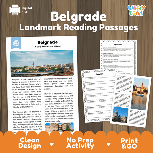 Belgrade landmark reading passage and comprehension worksheet educational unit featuring nonfiction text and authentic Belgrade Serbia city photography