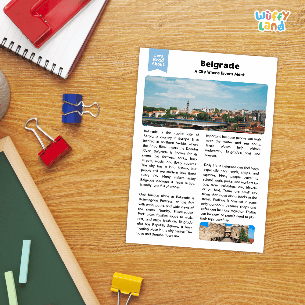 Lined reading comprehension question worksheet covering main ideas vocabulary terms and landmark facts about Belgrade Serbia
