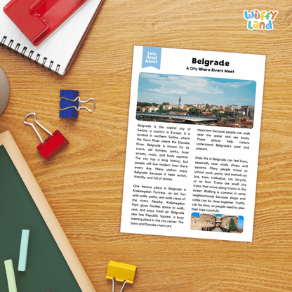 Lined reading comprehension question worksheet covering main ideas vocabulary terms and landmark facts about Belgrade Serbia