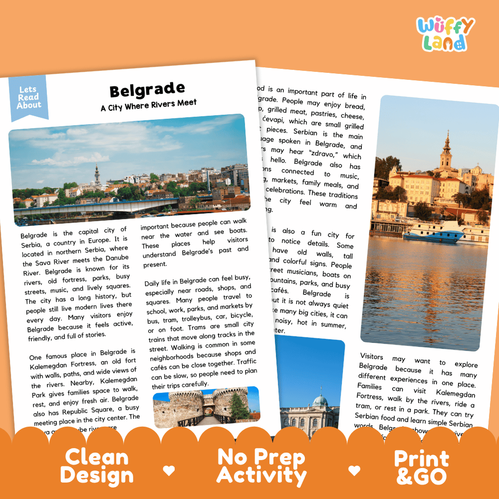 Reference sheet and answer key for Belgrade landmark reading passage displaying completed comprehension answers and European geography facts