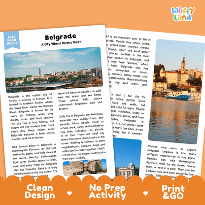 Reference sheet and answer key for Belgrade landmark reading passage displaying completed comprehension answers and European geography facts