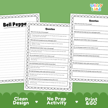 Informational reading passage page detailing bell pepper fruit anatomy ripening colors plant growth and cooking uses with photos