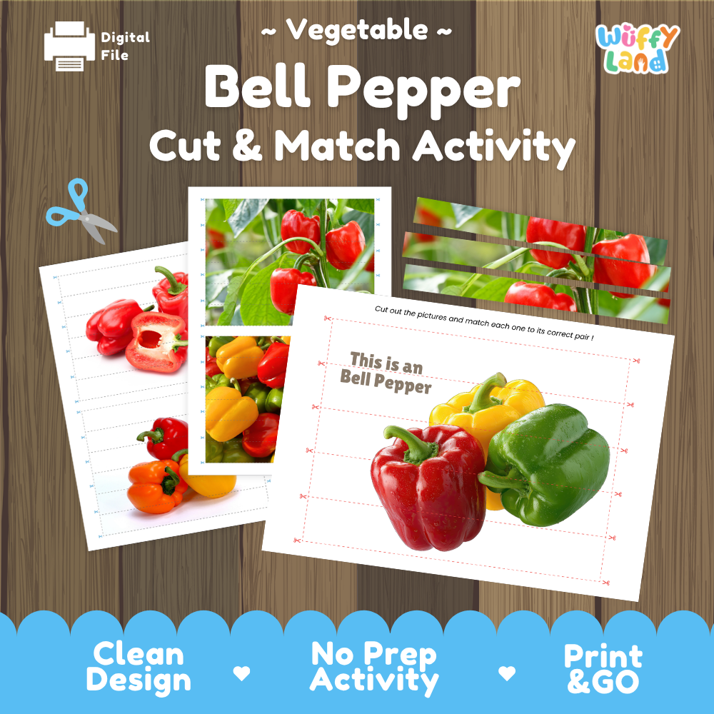 Bell pepper cut and match activity cover showing printable fine motor puzzle sheets and vegetable photographs