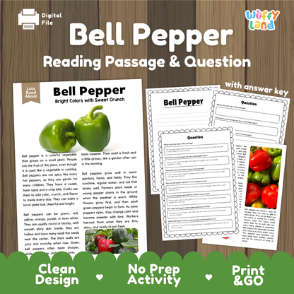Bell pepper reading comprehension passage and questions printable activity pack with answer key for elementary students