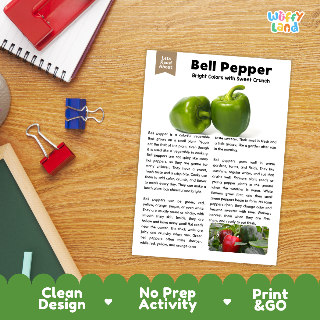 Student reading comprehension worksheet with short-answer questions and lined sections about bell peppers