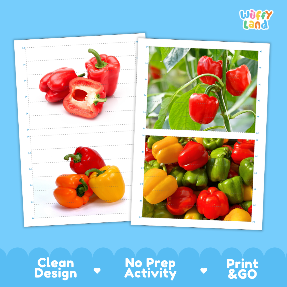 Printable activity sheets featuring photographic bell pepper puzzle boards and cutting guides