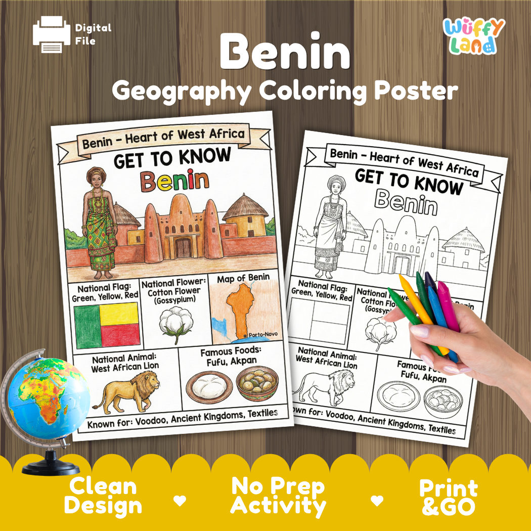 Get to know Benin coloring poster paired with real photo flashcards of Porto-Novo, Holy Cross Cathedral, Benin women, and Cotonou