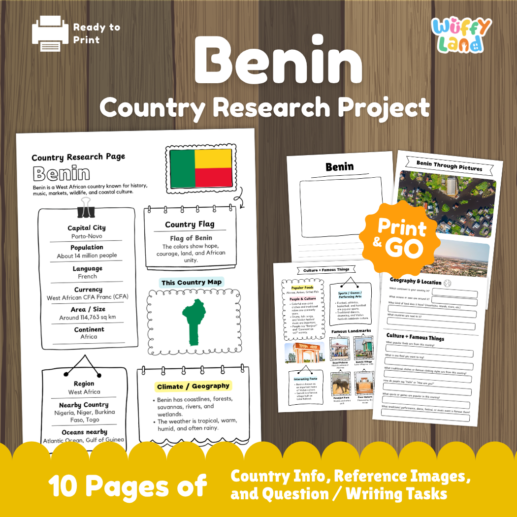 Student country research worksheet on Benin featuring national flag, Porto-Novo capital facts, climate, and geography map