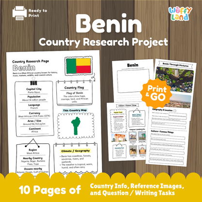 Student country research worksheet on Benin featuring national flag, Porto-Novo capital facts, climate, and geography map