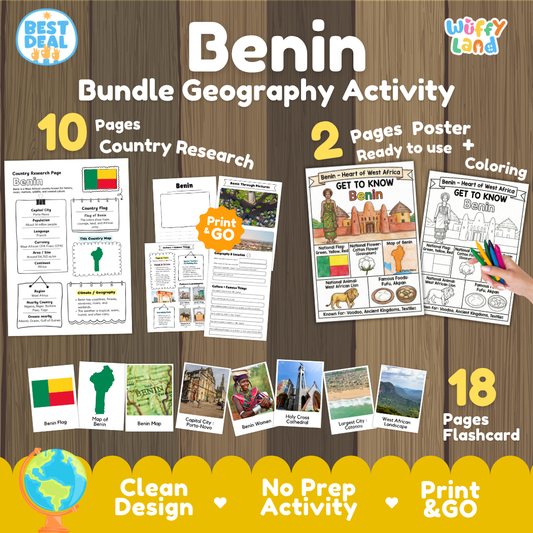 Benin geography activity bundle cover showing 10 country research pages, 2 ready to use coloring posters, and 18 photo flashcards