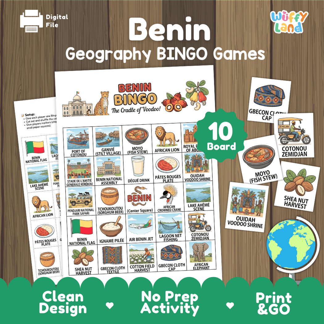 Benin Geography BINGO Games Printable Country Study Activity Cards