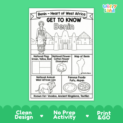 Benin Country Study Geography Coloring Page Worksheet Activity | Africa