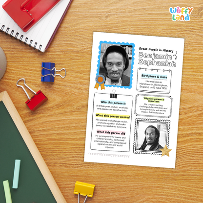 Close-up of informational summary sheet detailing Benjamin Zephaniah biography, challenges faced, and chronological timeline
