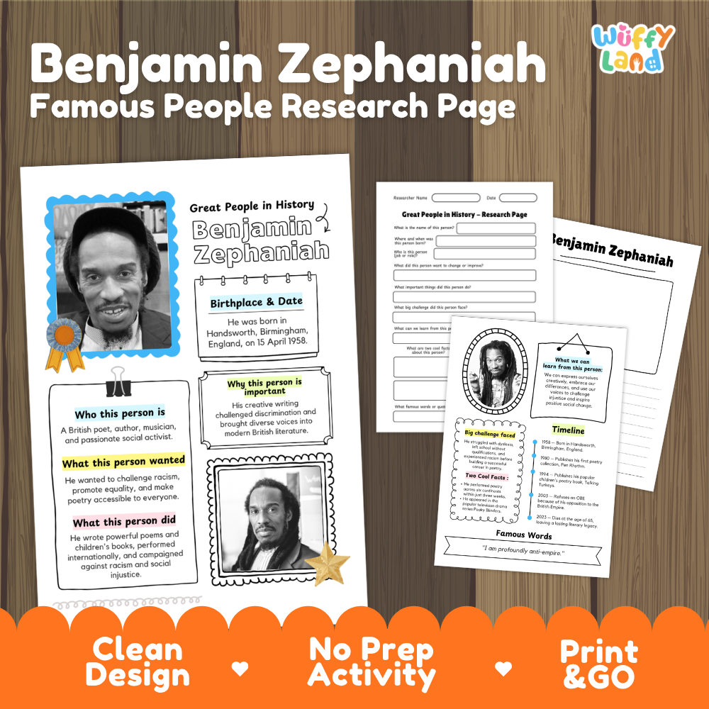 Benjamin Zephaniah famous people research page cover showing printable biographical worksheets, summary cards, and timelines