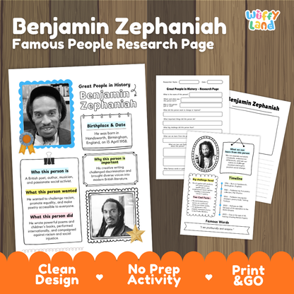 Benjamin Zephaniah famous people research page cover showing printable biographical worksheets, summary cards, and timelines