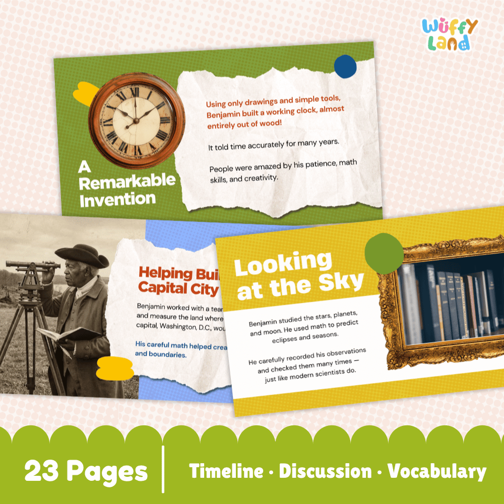 A product preview graphic for a children's educational book titled 'A Remarkable Invention' by Wuffy Land. The graphic shows three colorful book cover pages fanned out: 'A Remarkable Invention' with a clock illustration, 'Helping Build Capital City' with a historical photo, and 'Looking at the Sky' with books.