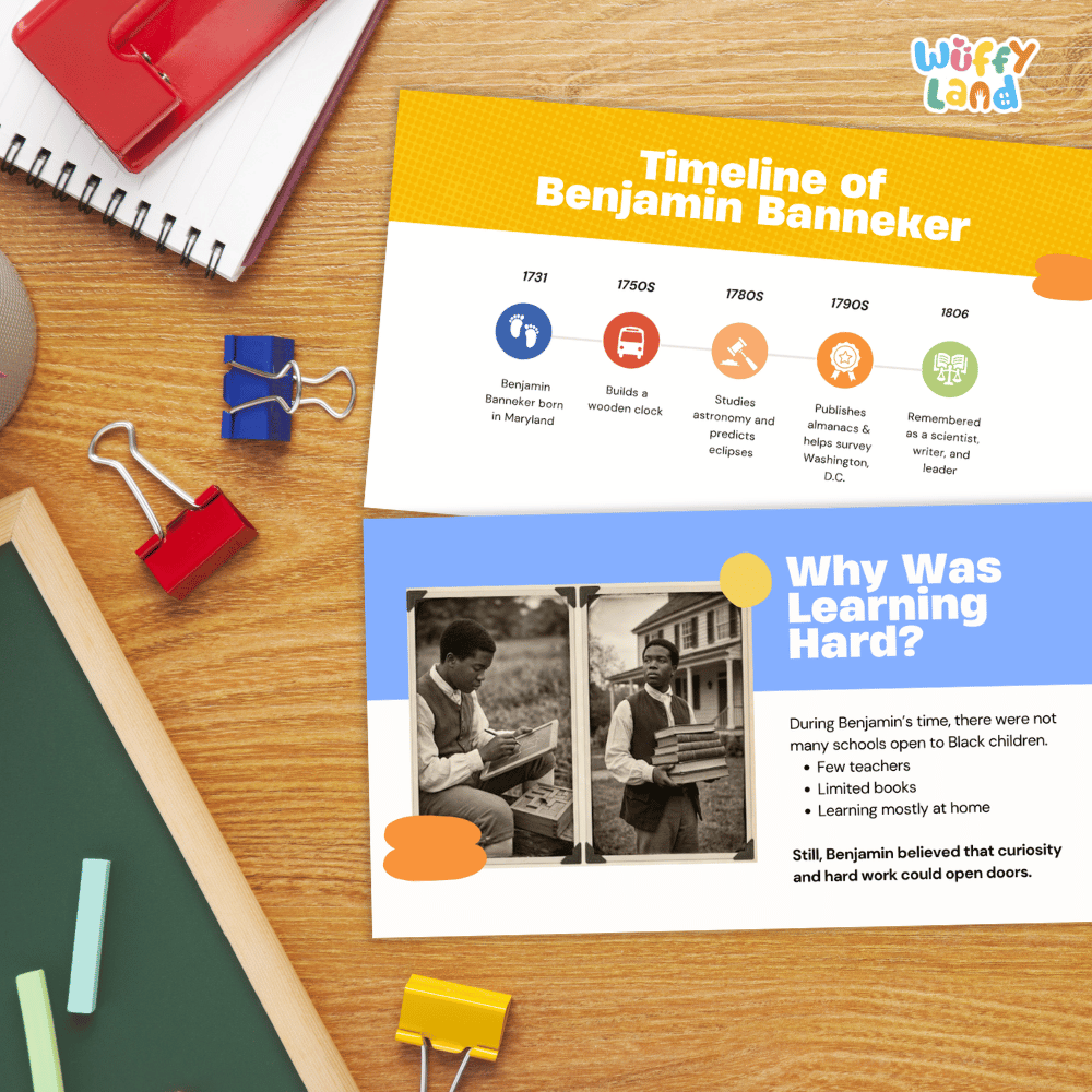 A printed educational poster titled 'Timeline of Benjamin Banneker' and 'Why Was Learning Hard?' styled on a wooden desk with school supplies including a spiral notebook, binder clips, a chalkboard, and a red pencil case.