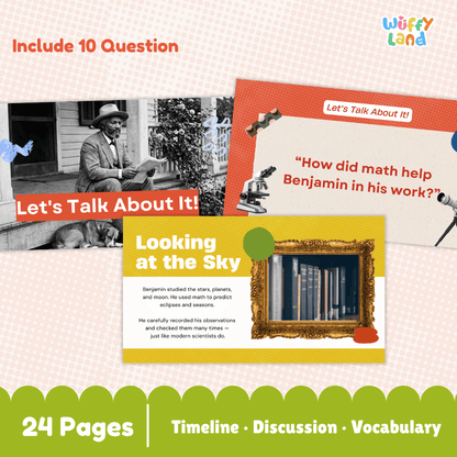 Promotional graphic for an educational book or activity set titled 'Wuffy Land'. The design shows sample pages from a children's educational book or worksheet set, including a black-and-white photo of Benjamin Franklin reading, a red page with text about math and Benjamin, and a yellow page titled 'Looking at the Sky' with a gold picture frame illustration.