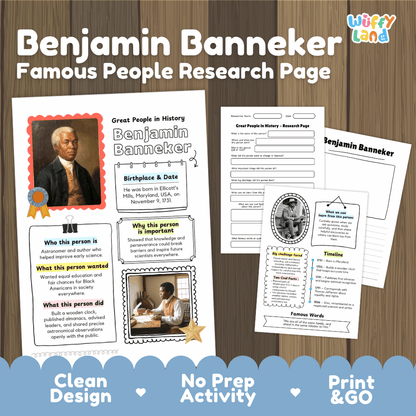 Benjamin Banneker Famous People Research Page Worksheets and Biography Activity