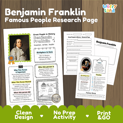 Benjamin Franklin Famous People Research Page Worksheets