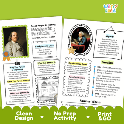 Two educational activity sheets about Benjamin Franklin displayed on a white background with a green decorative banner at the bottom. The sheets include text boxes, a portrait photo, a circular timeline graphic, and a 'Famous Words' section.