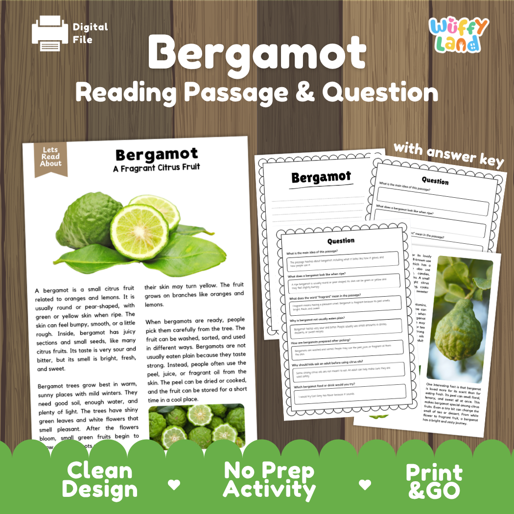 Bergamot reading comprehension passage and questions printable activity pack with answer key for elementary students