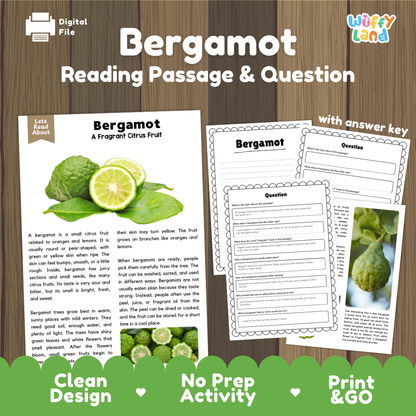 Bergamot reading comprehension passage and questions printable activity pack with answer key for elementary students