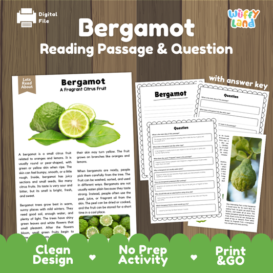 Bergamot reading comprehension passage and questions printable activity pack with answer key for elementary students