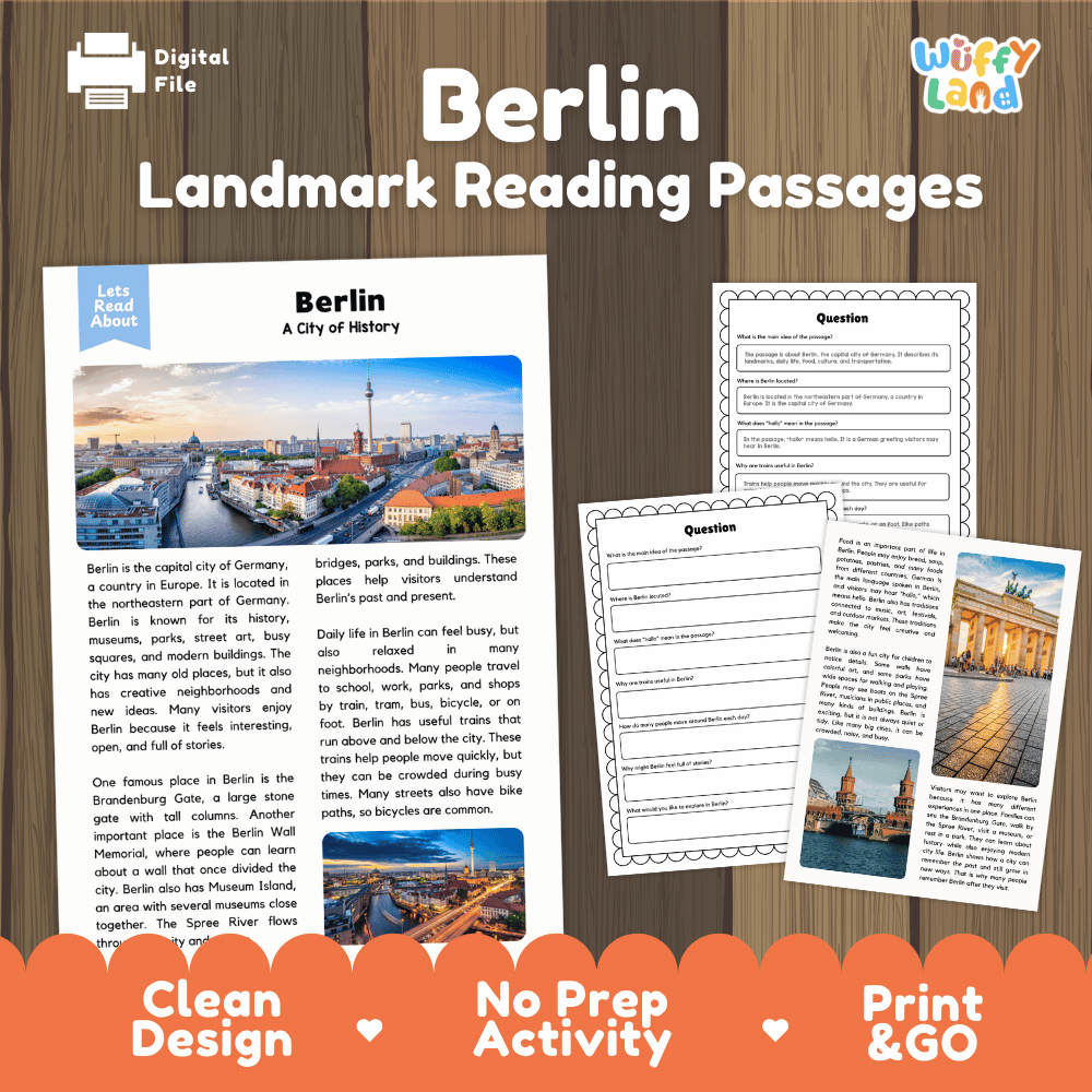 Berlin landmark reading passage and comprehension worksheet educational unit featuring nonfiction text and authentic German Brandenburg Gate photography