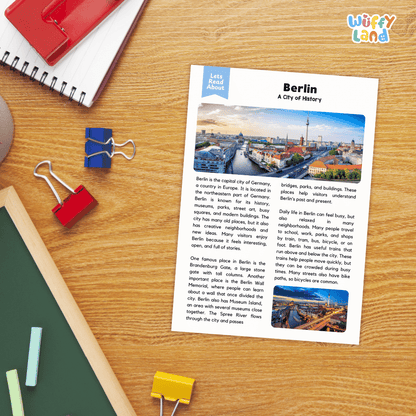 Lined reading comprehension question worksheet covering main ideas vocabulary terms and landmark facts about Berlin Germany