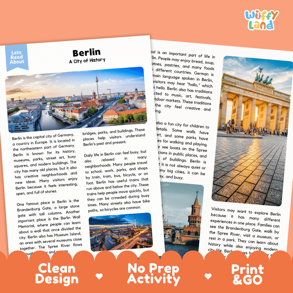 Reference sheet and answer key for Berlin landmark reading passage displaying completed comprehension answers and European geography facts