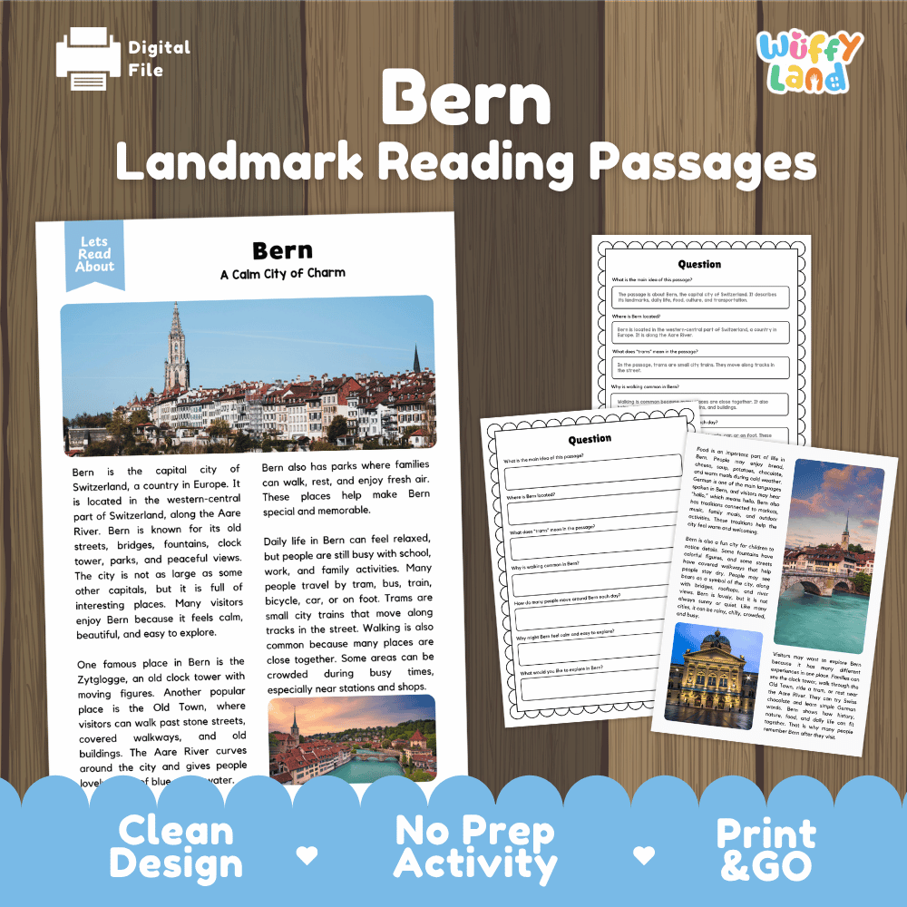 Bern landmark reading passage and comprehension worksheet educational unit featuring nonfiction text and authentic Swiss Old Town cathedral photography