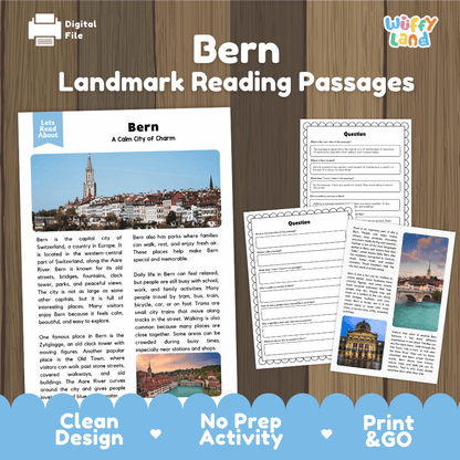 Bern landmark reading passage and comprehension worksheet educational unit featuring nonfiction text and authentic Swiss Old Town cathedral photography