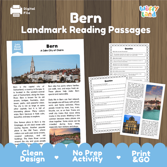 Bern landmark reading passage and comprehension worksheet educational unit featuring nonfiction text and authentic Swiss Old Town cathedral photography