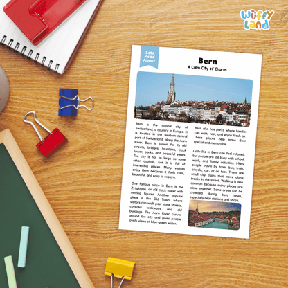 Lined reading comprehension question worksheet covering main ideas vocabulary terms and landmark facts about Bern Switzerland