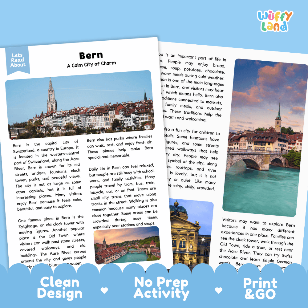 Reference sheet and answer key for Bern landmark reading passage displaying completed comprehension answers and European geography facts