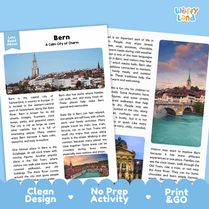 Reference sheet and answer key for Bern landmark reading passage displaying completed comprehension answers and European geography facts