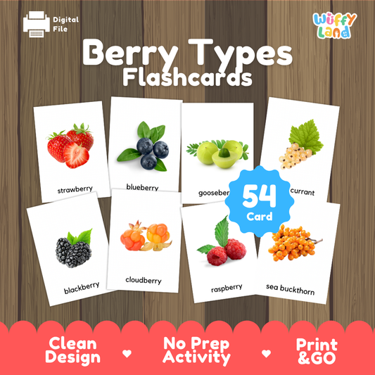 Berry Types Flashcards digital file preview by Wiffy Land, showing eight sample fruit card designs on a wood background with a blue '54 Card' badge and feature callouts at the bottom.
