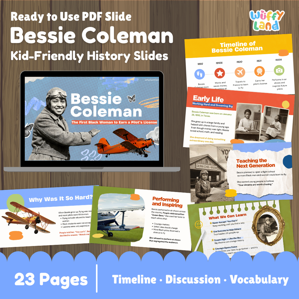 Promotional graphic for Bessie Coleman kid-friendly history PDF slides, showing a laptop with the cover slide and several sample pages laid out on a wood background. The top text reads 'Ready to Use PDF Slide Bessie Coleman Kid-Friendly History Slides' and the top-right logo says 'Wiffly Land.
