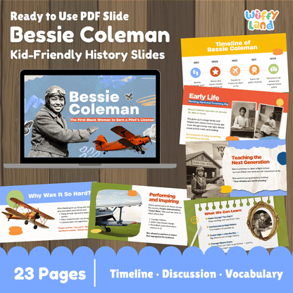Promotional graphic for Bessie Coleman kid-friendly history PDF slides, showing a laptop with the cover slide and several sample pages laid out on a wood background. The top text reads 'Ready to Use PDF Slide Bessie Coleman Kid-Friendly History Slides' and the top-right logo says 'Wiffly Land.