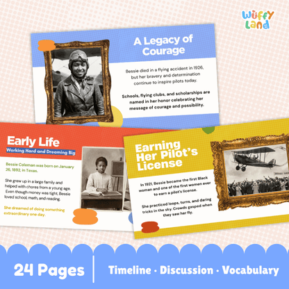 A product preview graphic for a children's educational book titled 'A Legacy of Courage' by Wuffy Land. The graphic shows three colorful book cover pages (blue, orange, and yellow) with historical text and images of Bessie Coleman.