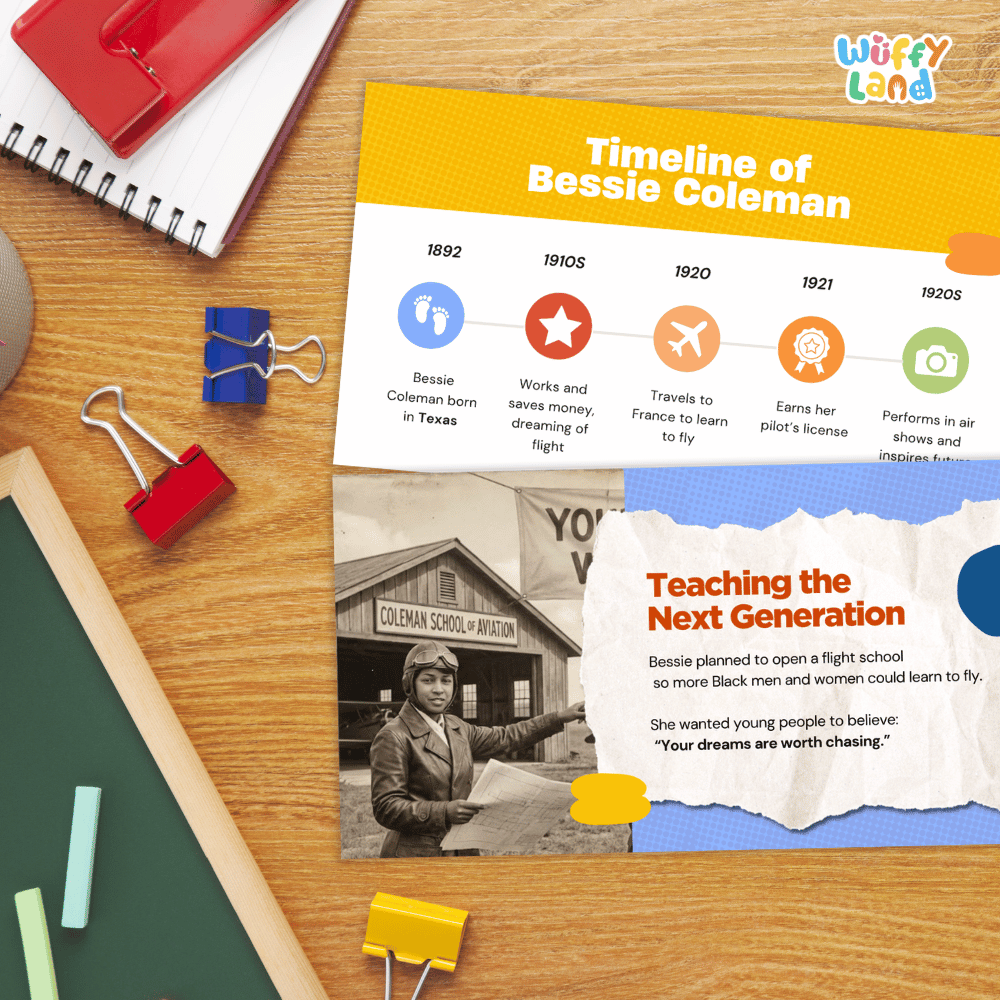 An educational poster titled 'Timeline of Bessie Coleman' displayed on a wooden desk with school supplies like binder clips, a notebook, and chalk. The poster features a yellow header, timeline markers from 1892 to the 1920s, and a black-and-white historical photo of Bessie Coleman.