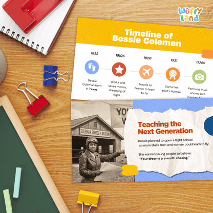 An educational poster titled 'Timeline of Bessie Coleman' displayed on a wooden desk with school supplies like binder clips, a notebook, and chalk. The poster features a yellow header, timeline markers from 1892 to the 1920s, and a black-and-white historical photo of Bessie Coleman.