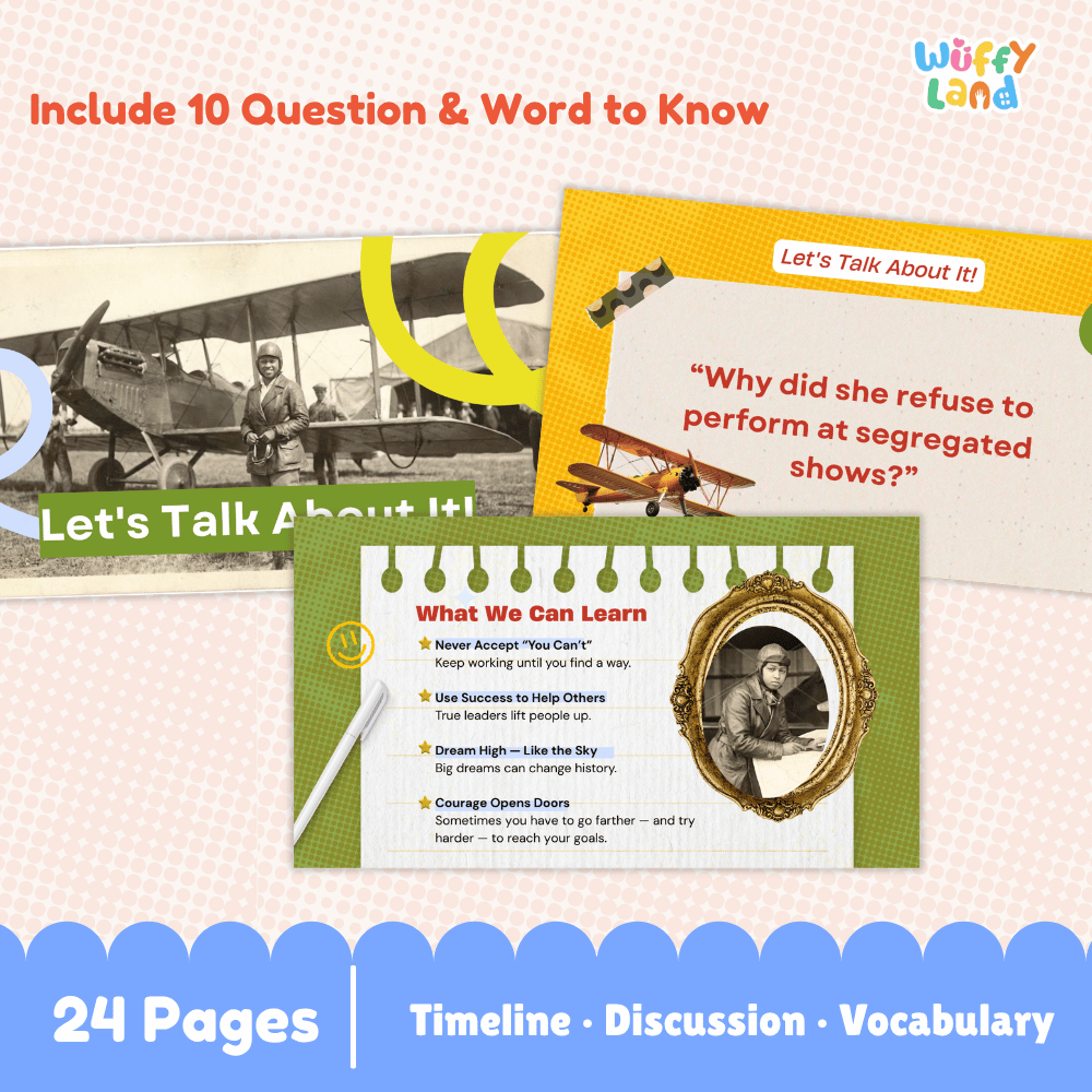 Promotional graphic for a children's educational book or activity set titled 'What We Can Learn' by Wuffy Land. The design shows overlapping pages with vintage airplane photos, text about segregated shows, and learning goals, plus marketing text reading 'Include 10 Question & Word to Know' and '24 Pages | Timeline · Discussion · Vocabulary'.