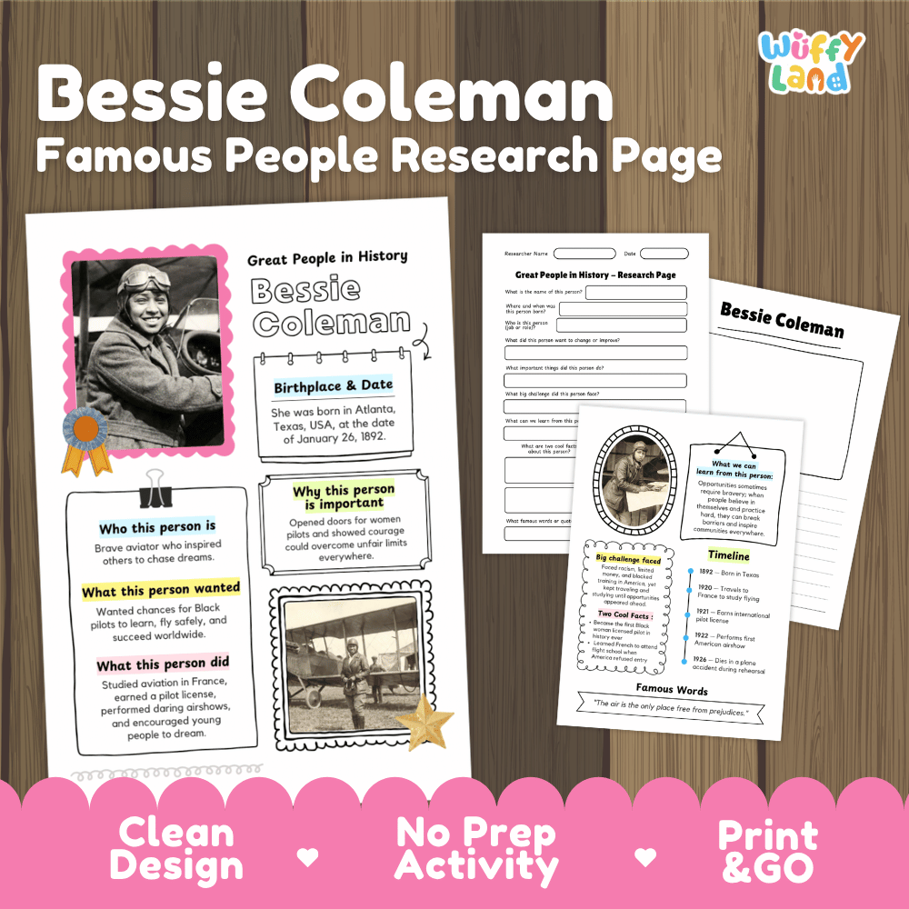 Bessie Coleman Famous People Research Page Worksheets and Biography Activity