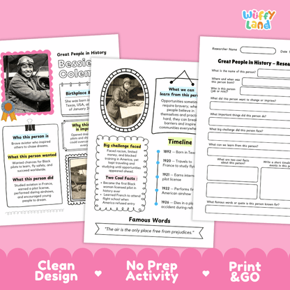 Bessie Coleman Famous People Research Page Worksheets and Biography Activity