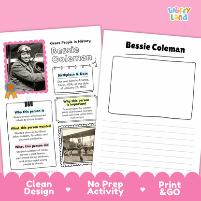 Bessie Coleman Famous People Research Page Worksheets and Biography Activity